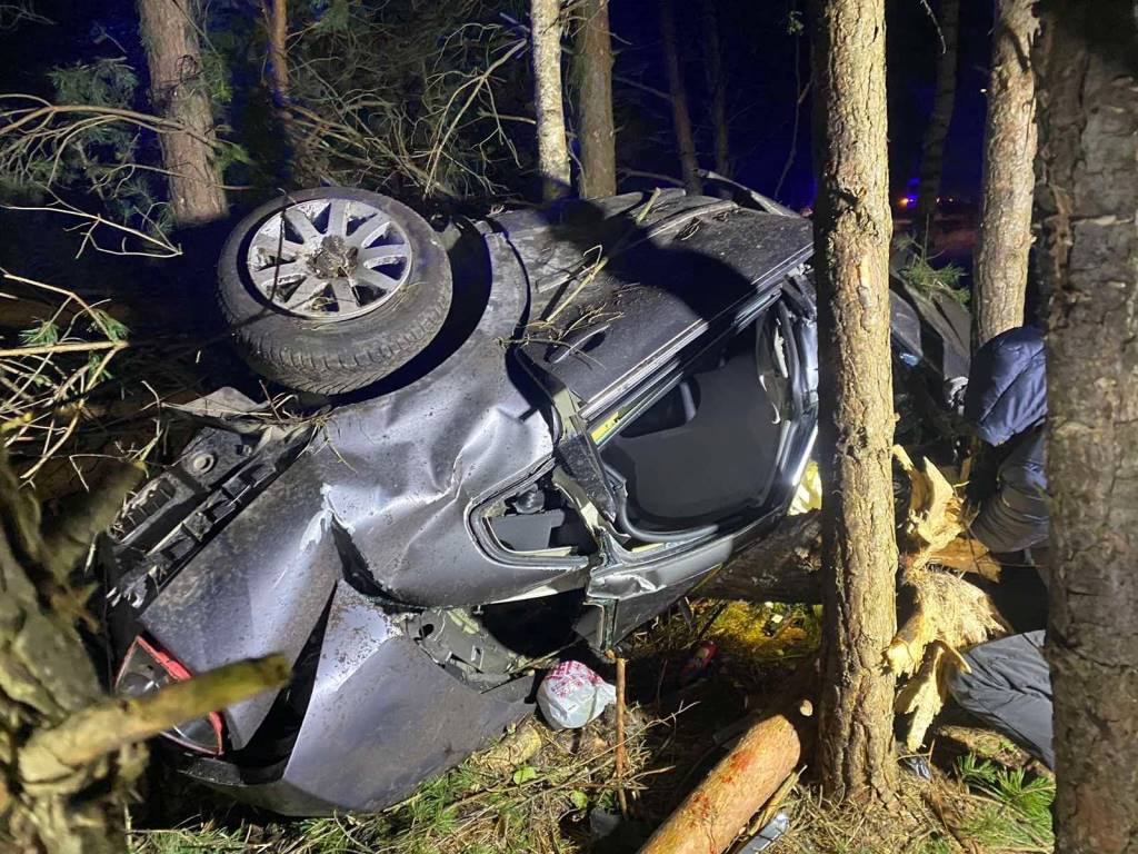 На Волині легковик злетів у кювет, перекинувся і застряг між деревами