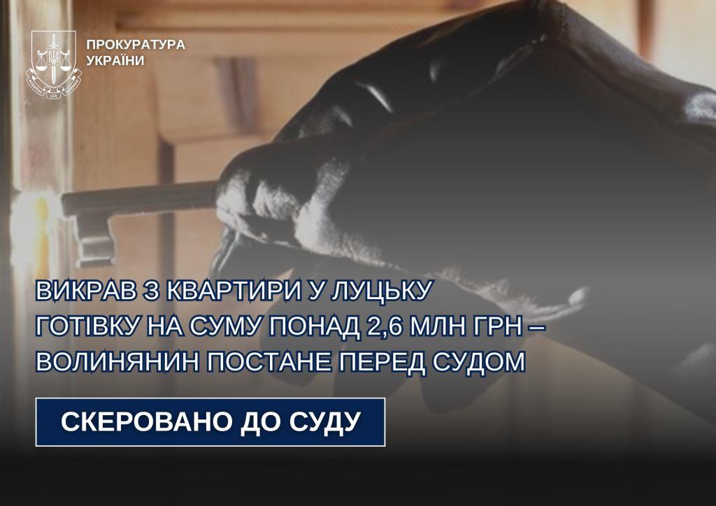 Судитимуть волинянина, який вкрав з квартири у Луцьку понад 2,6 мільйона гривень