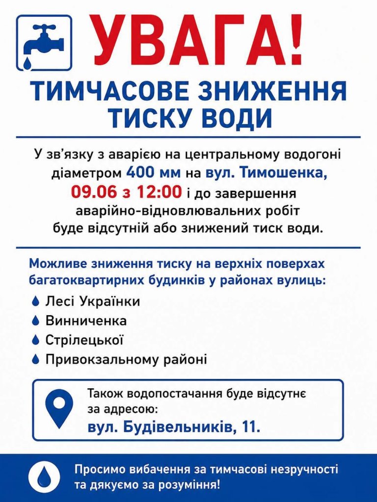 Аварія на водогоні: у центрі Луцька знизять тиск води